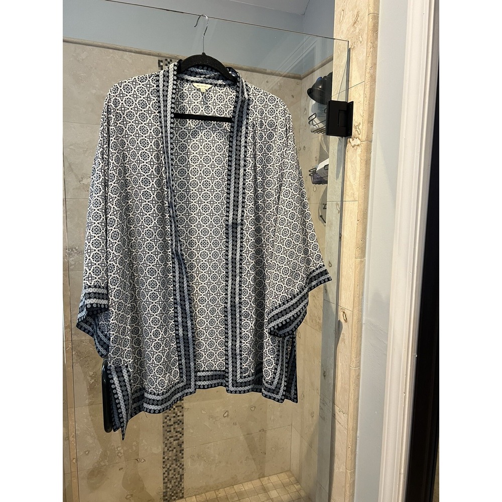 Max Studio Kimono Top Womens 1X Blue Floral Print Short Sleeve Open Front Blouse